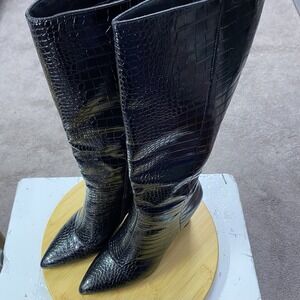 Modatope Faux New Leather Ladies Knee High Boots Pointed Toe Boot Women Winter